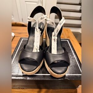 Karl Lagerfeld Black Leather Espadrille Wedge Sandals